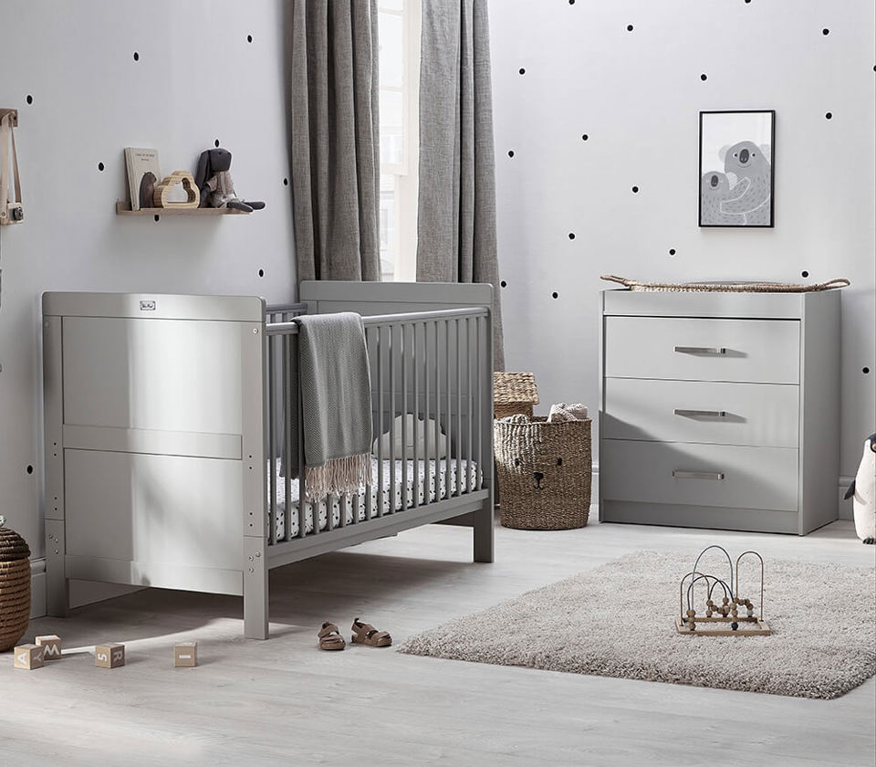 View Devon 2 Piece Grey Nursery Set with Convertible Cot Bed to Toddler Bed Dresser information