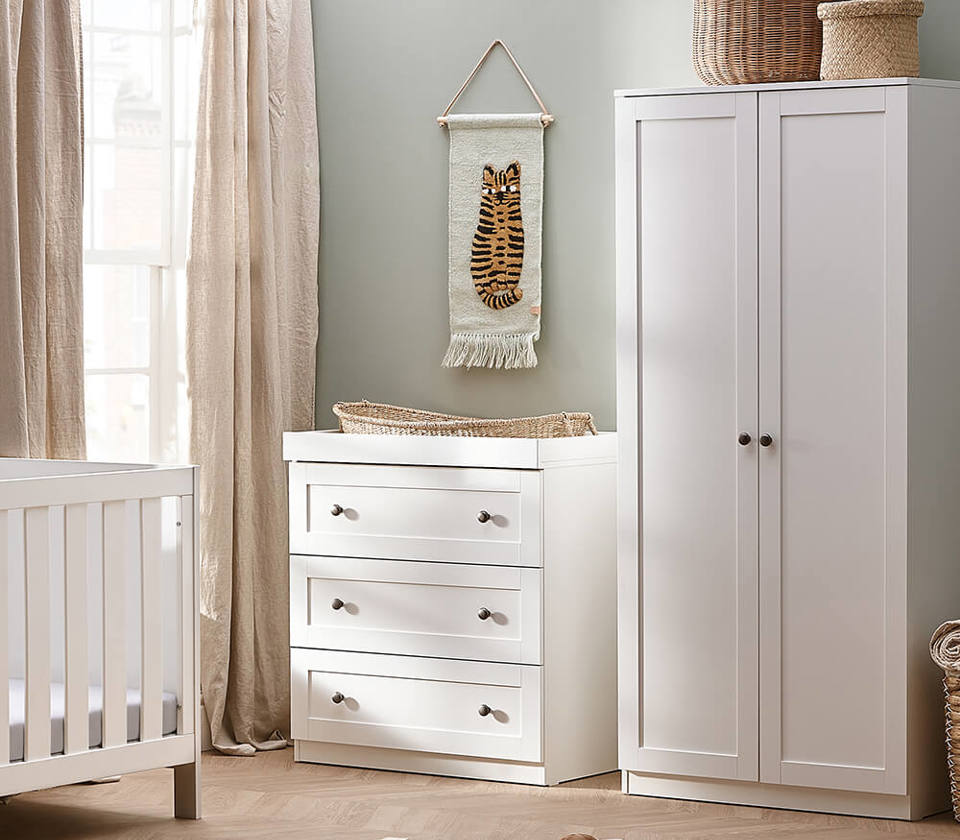 View Silver Cross Bromley 2 piece white nursery set with dresser and wardrobe information