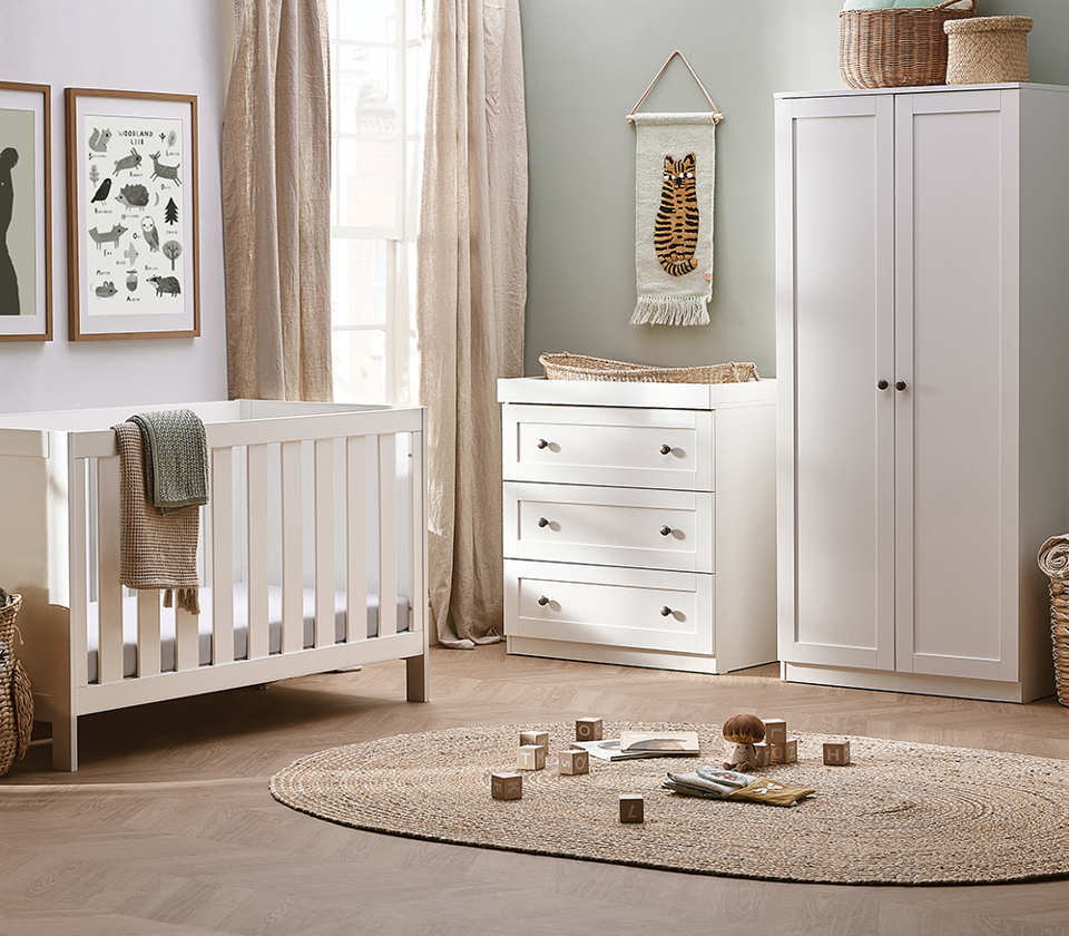 View Silver Cross Bromley 3 piece white nursery set with convertible cot to toddler bed dresser and wardrobe information