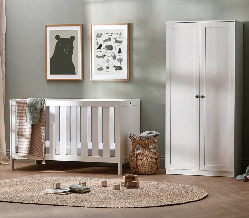 View Silver Cross Bromley 2 piece white nursery set with convertible cot bed to toddler bed and wardrobe information