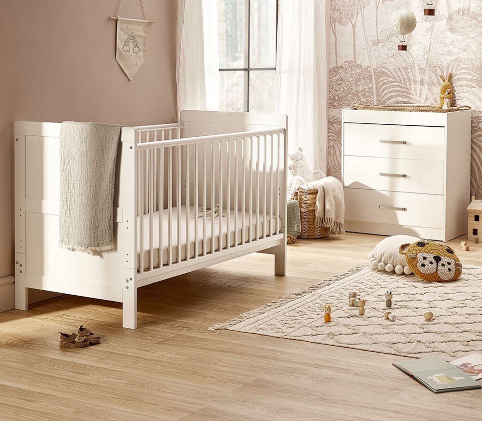 View Silver Cross Devon 2 Piece White Nursery Set with Convertible Cot Bed to Toddler Bed Dresser information