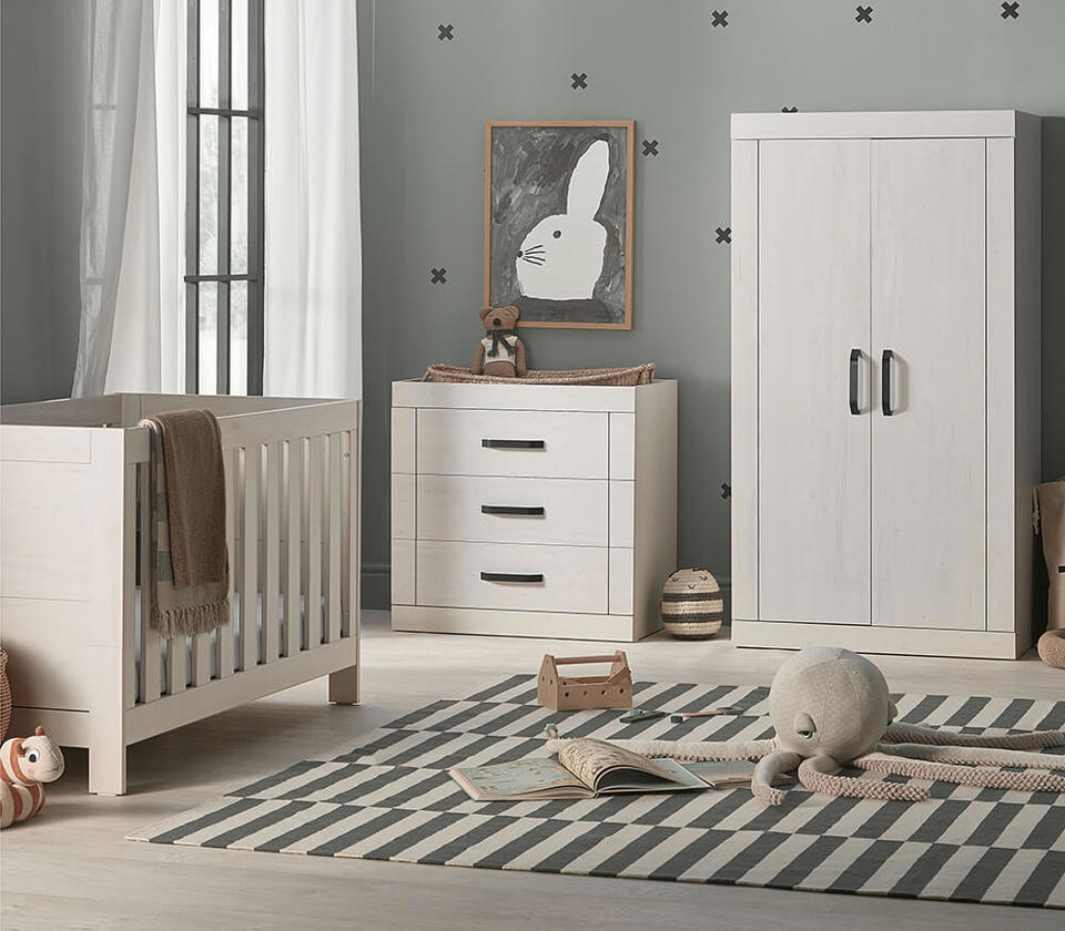 View Silver Cross Alnmouth 3 piece oak nursery set with convertible cot bed dresser and wardrobe information