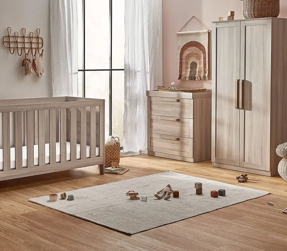 View Silver Cross Bromley Oak 3 piece nursery set with convertible cot to toddler bed dresser and wardrobe information